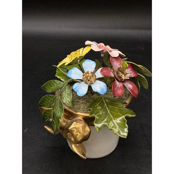 Ted Arnold Brass & Enamel Flower Bouquet Blue Pink Yellow White Porcelain Vase - Picture 8 of 12